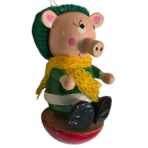 Vintage Wooden Pig Christmas Ornament Knit Hat Scarf Sled Kitsch Piglet Piggy 3" - Picture 2 of 8